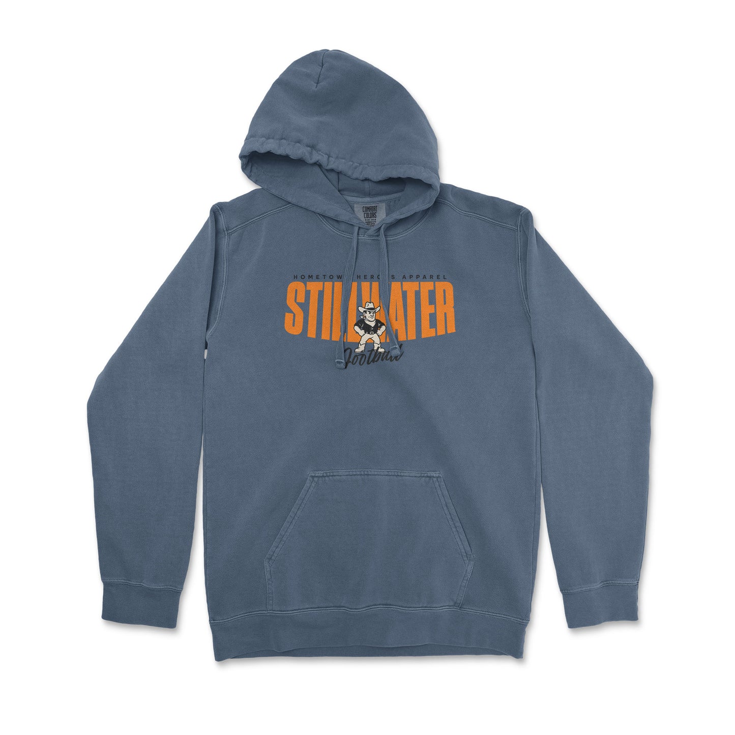 Blue hoodie with 'STILL WATER' text and graphic on a white background