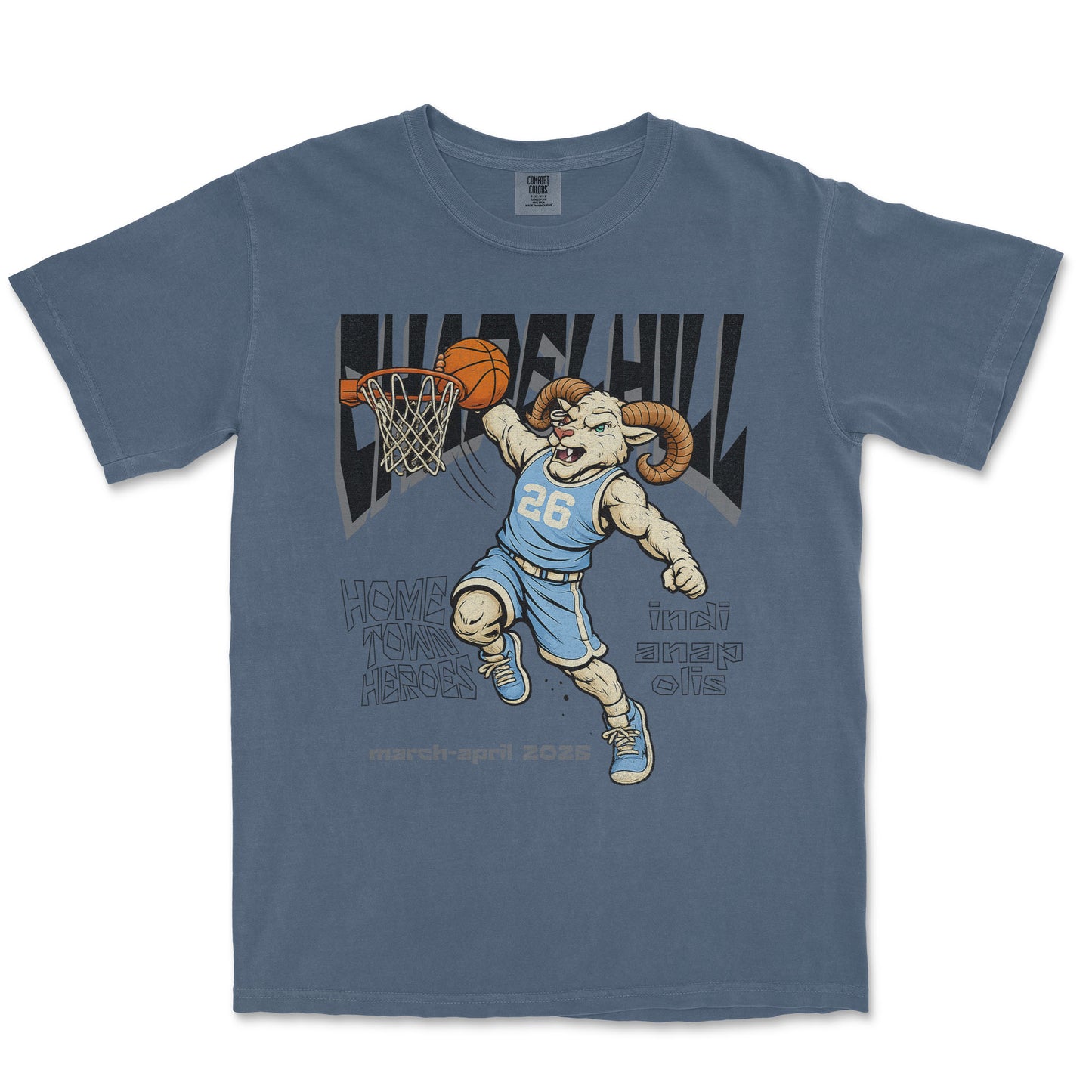 Blue t-shirt with a graphic of a ram playing basketball and text on a white background