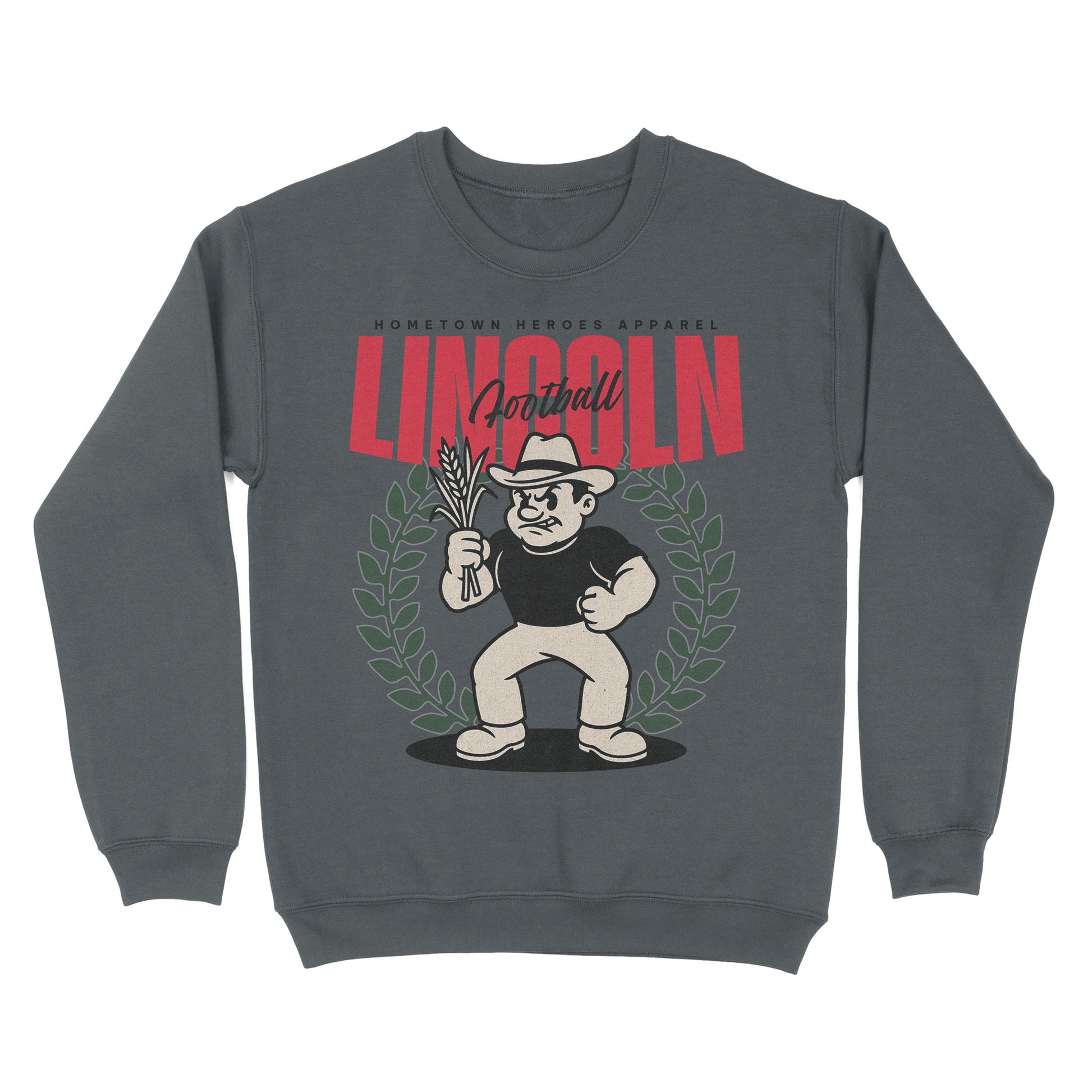 Gray sweatshirt with a graphic design of a character holding corn and the word 'LINCOLN' on a white background.
