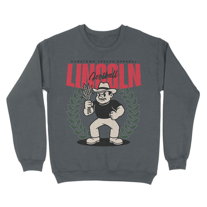 Gray sweatshirt with a graphic design of a character holding corn and the word 'LINCOLN' on a white background.