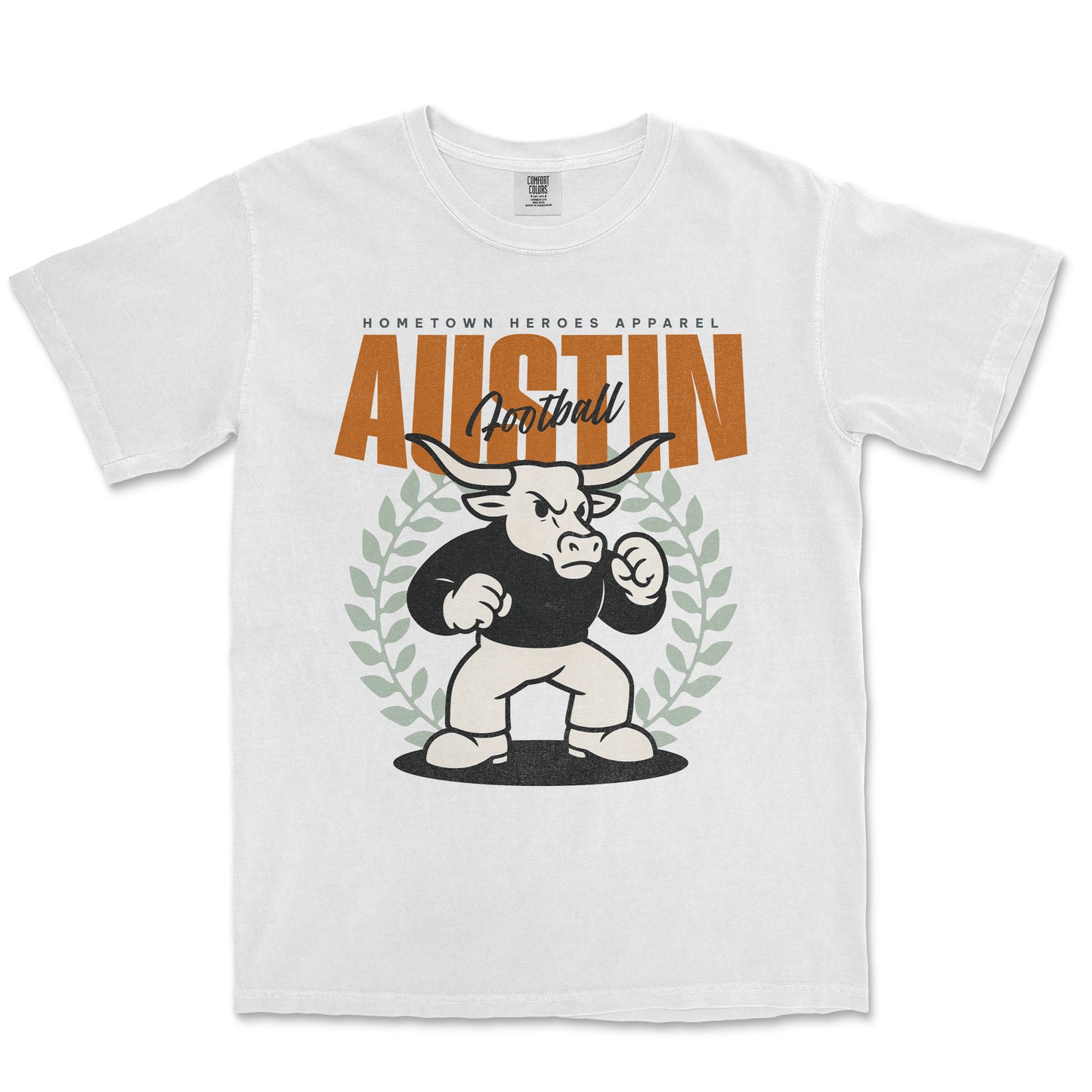 White t-shirt with a graphic design of a bull and text on a white background