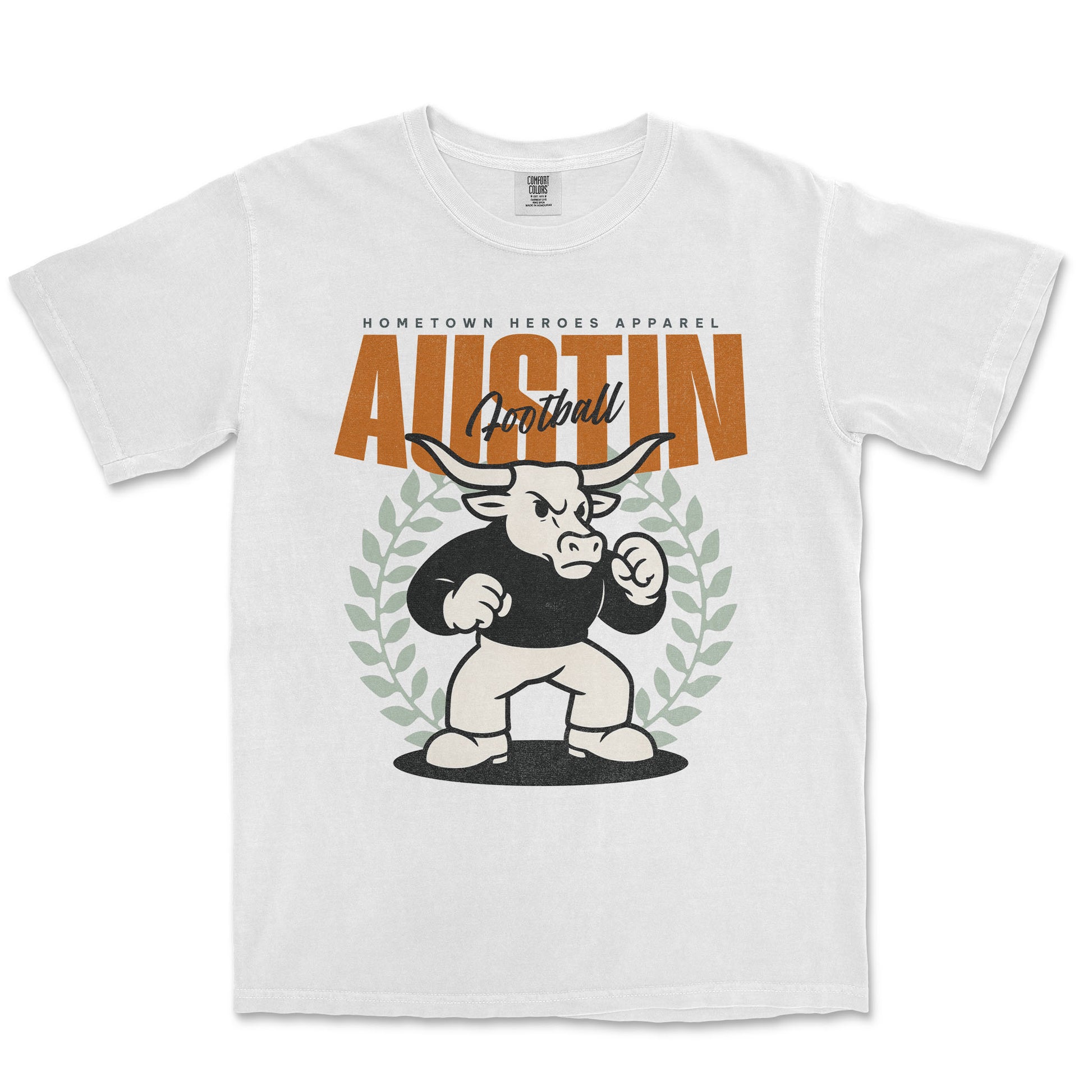 White t-shirt with a graphic design of a bull and text on a white background
