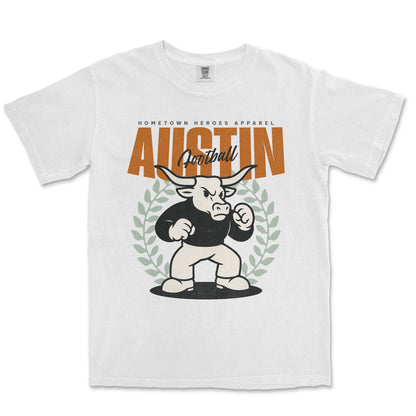 White t-shirt with a graphic design of a bull and text on a white background