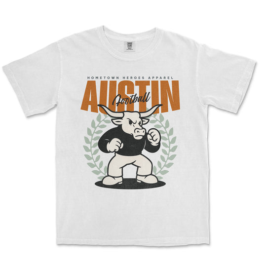 White t-shirt with a graphic design of a bull and text on a white background