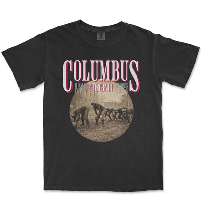 Black t-shirt with 'Columbus' and football graphic on a white background