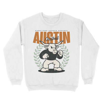 White sweatshirt with a graphic of a bull and text on a white background