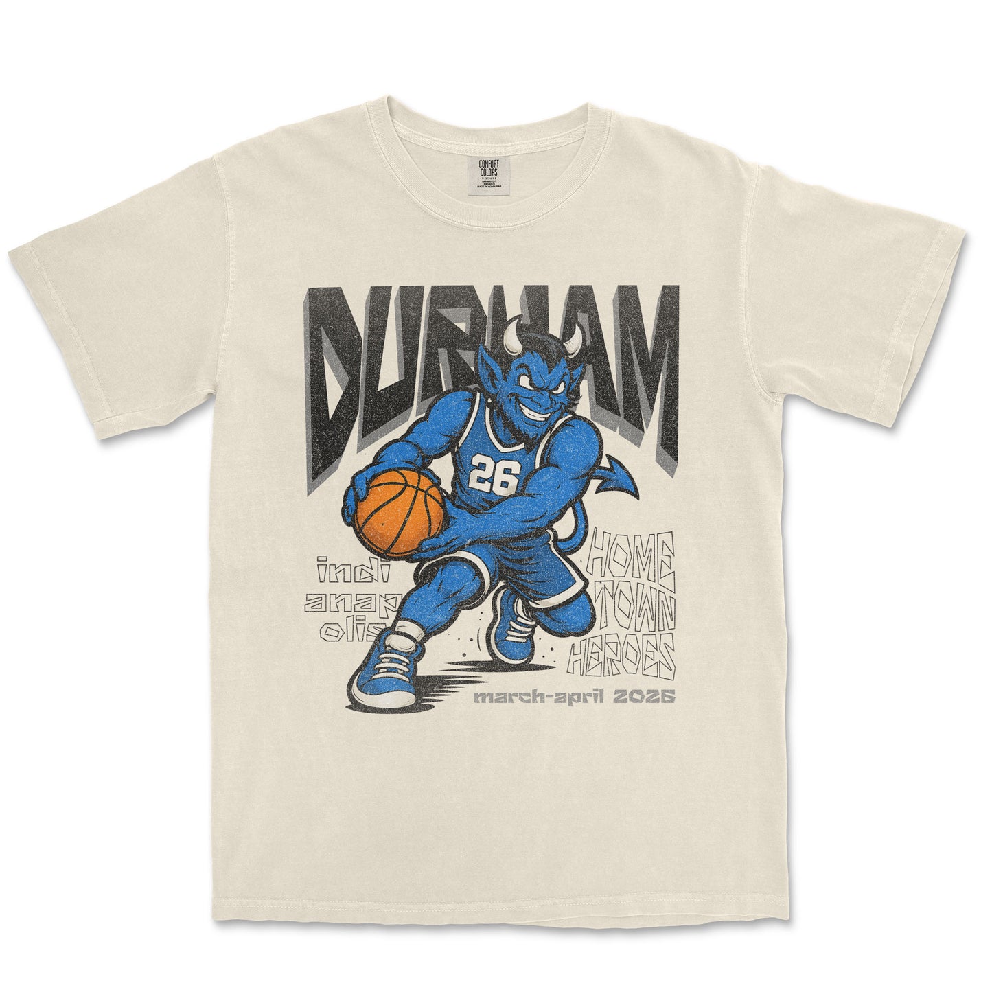 Beige t-shirt with a graphic of a blue basketball player and 'Durham' text on a white background