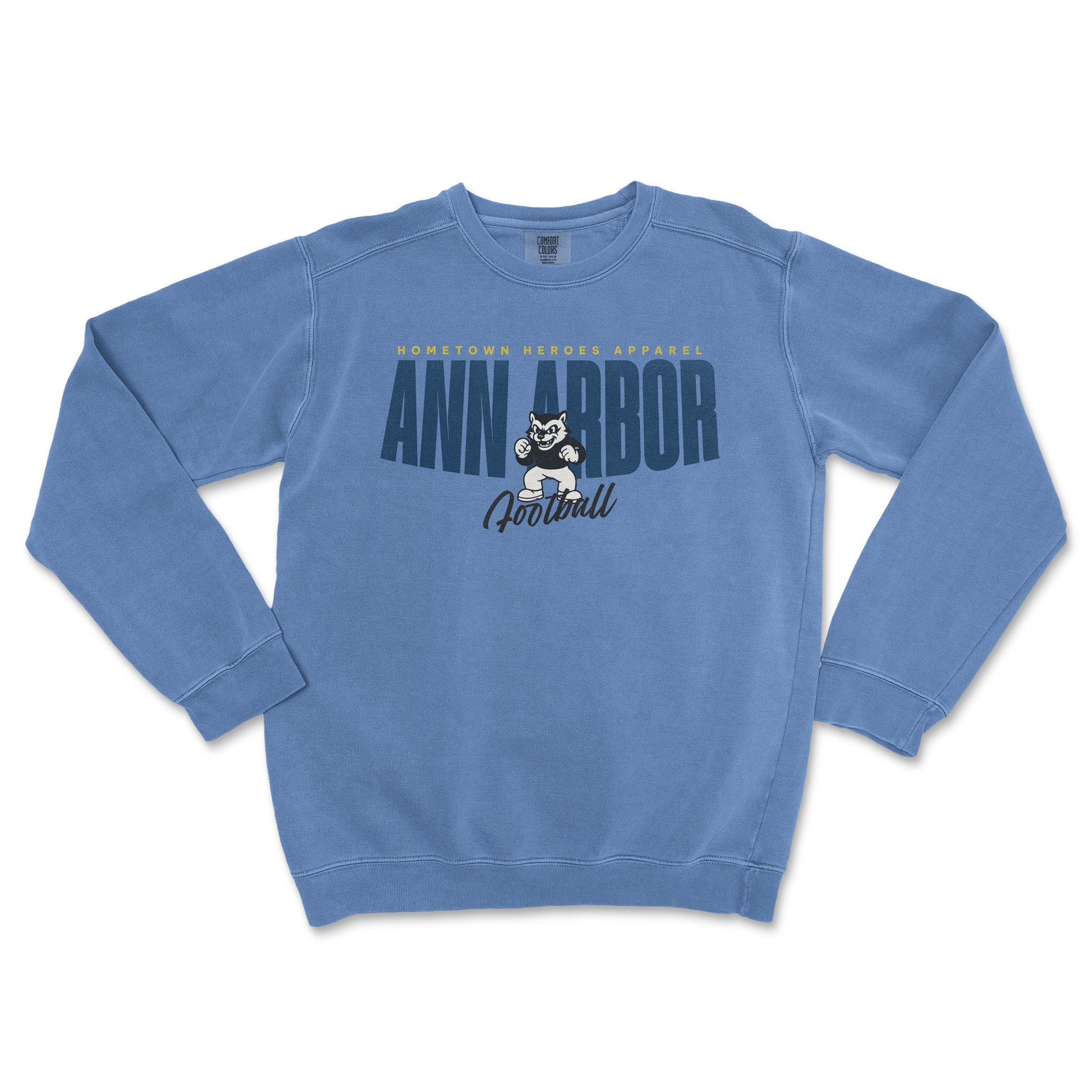 Blue sweatshirt with 'Ann Arbor Football' text and mascot graphic on a white background
