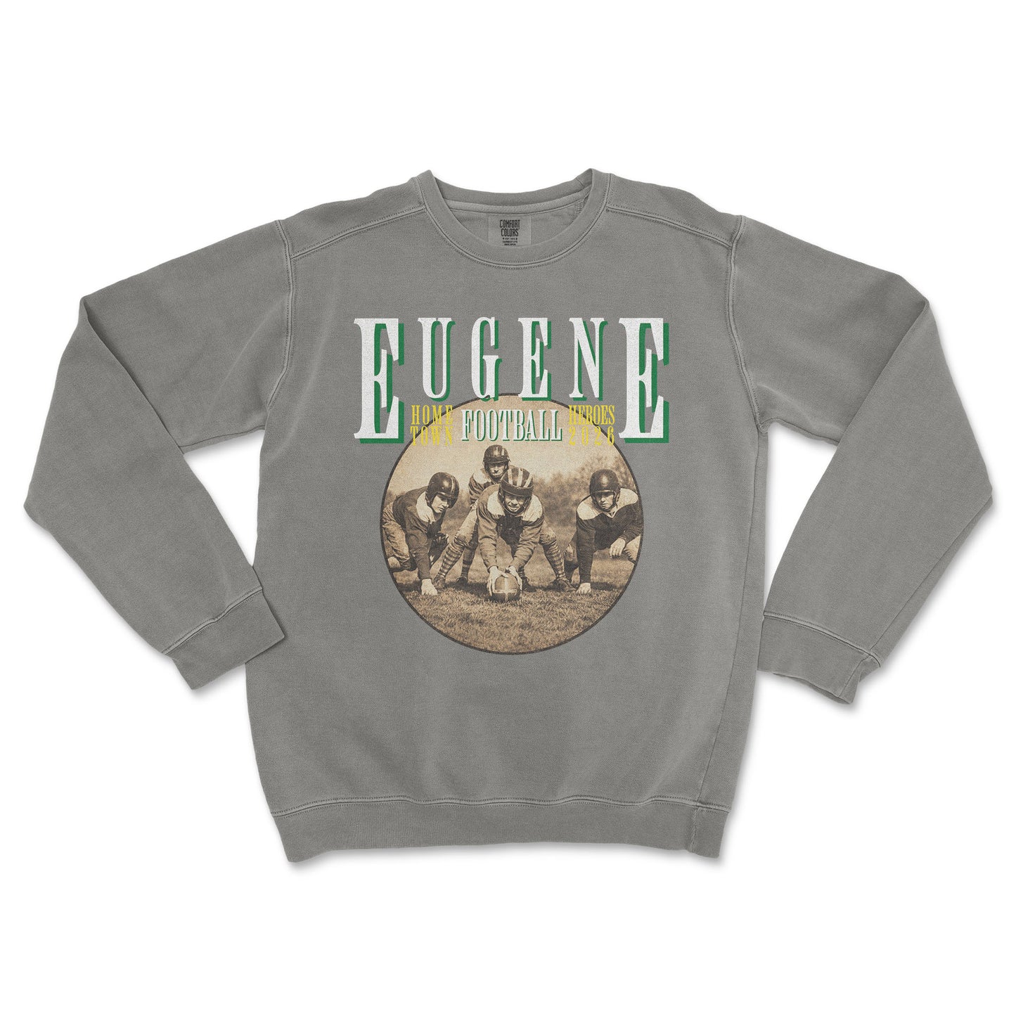 Gray sweatshirt with 'Eugene Football' graphic on a white background