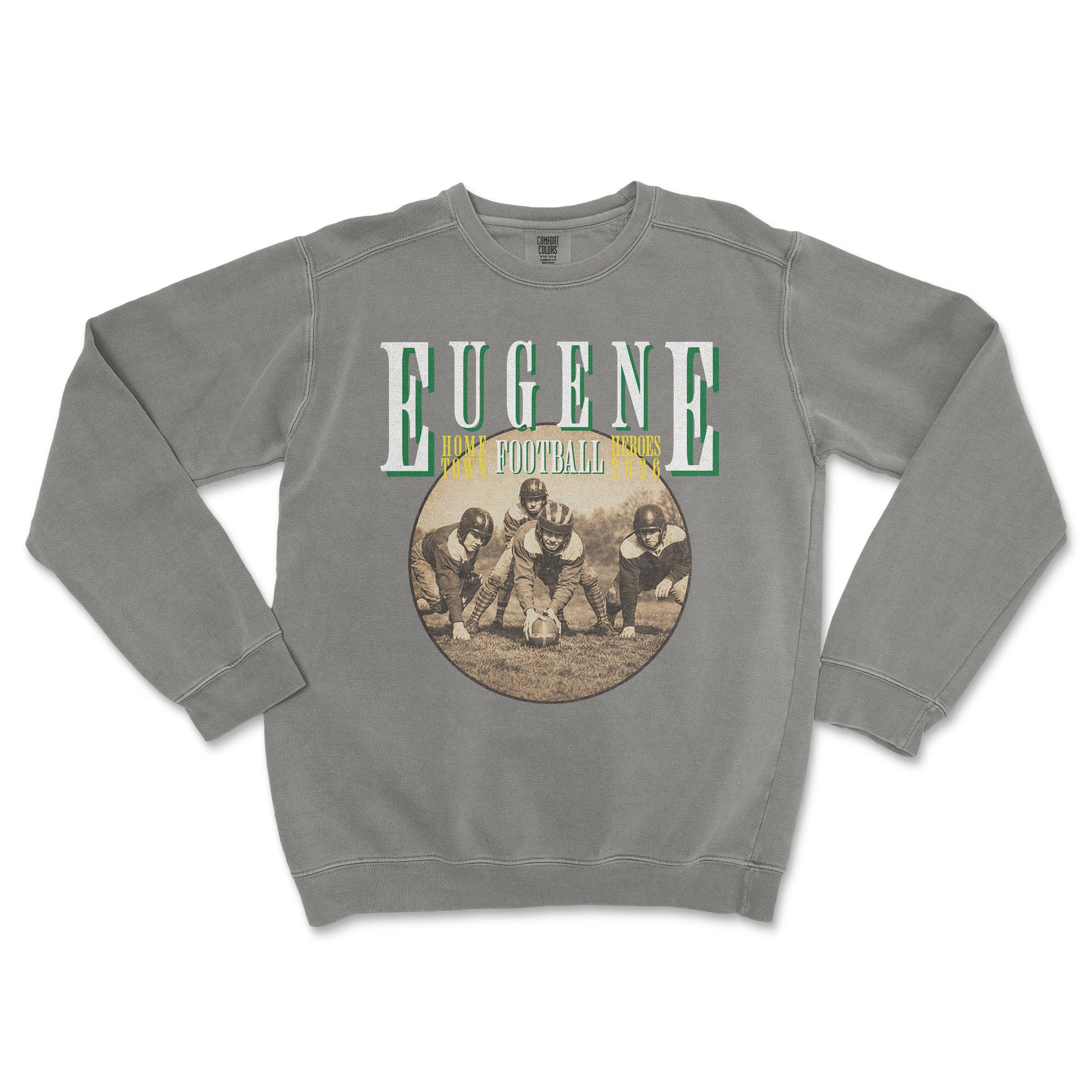 Gray sweatshirt with 'Eugene Football' graphic on a white background