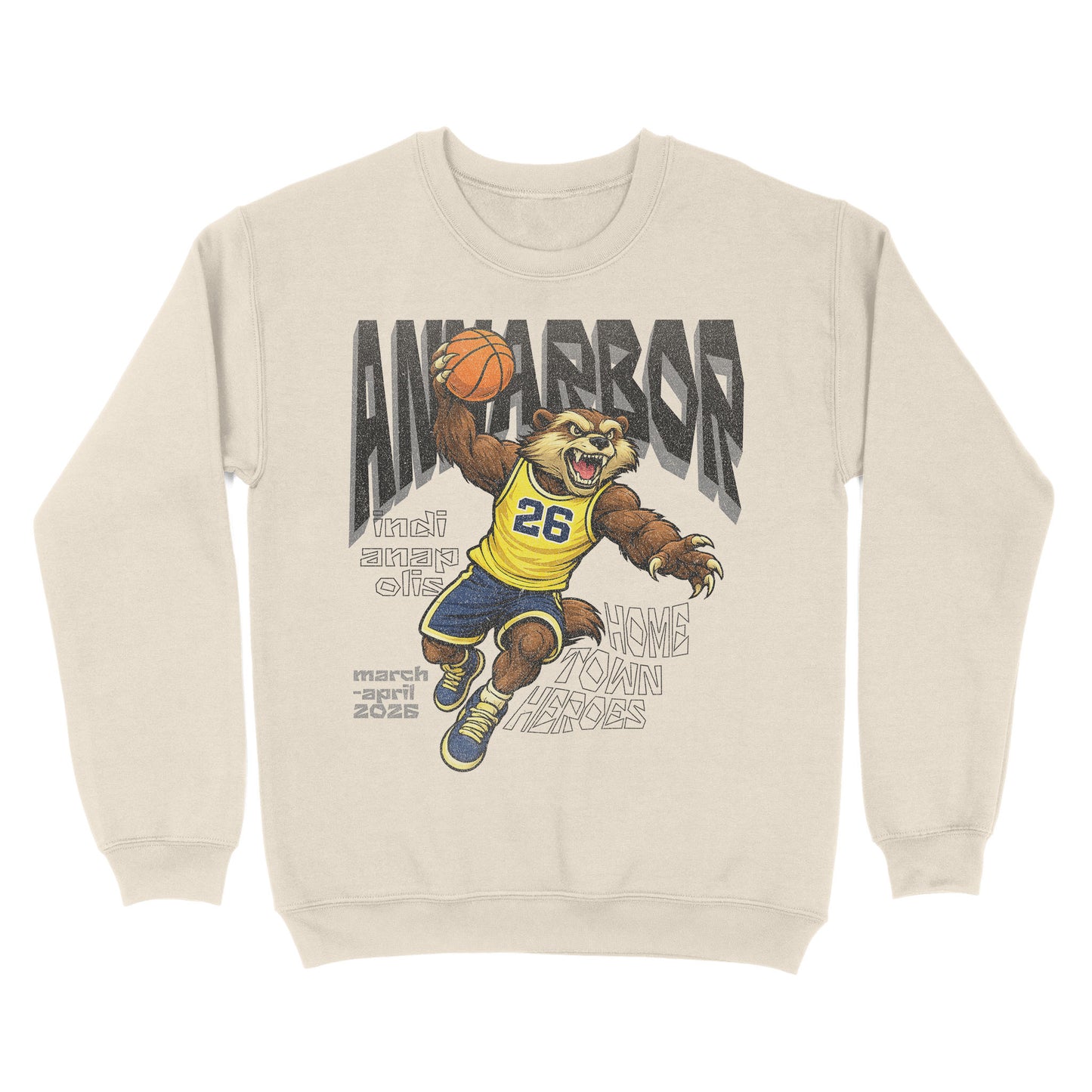 Beige sweatshirt with a graphic of a bear holding a basketball and text on a white background