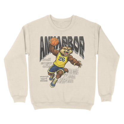 Beige sweatshirt with a graphic of a bear holding a basketball and text on a white background