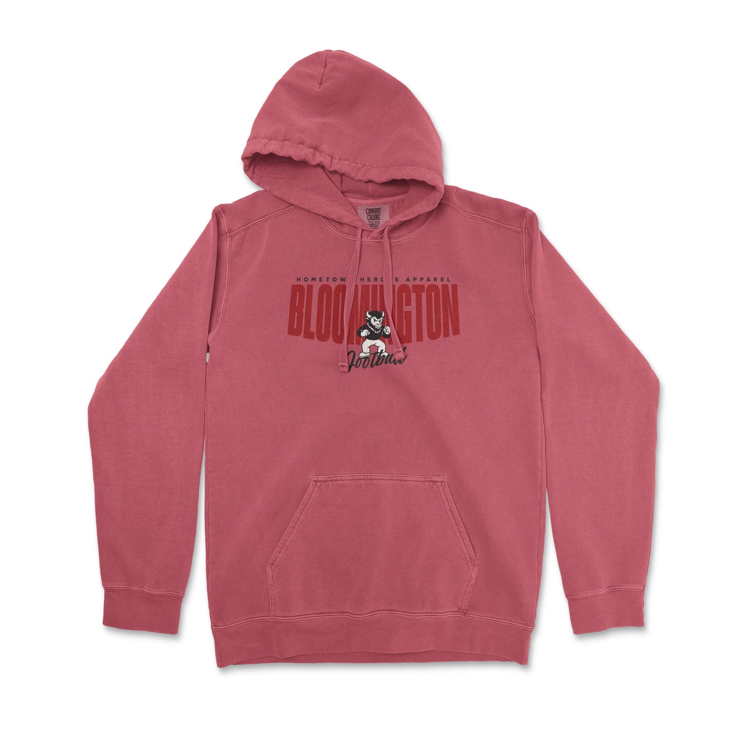 Red hoodie with graphic design on a white background