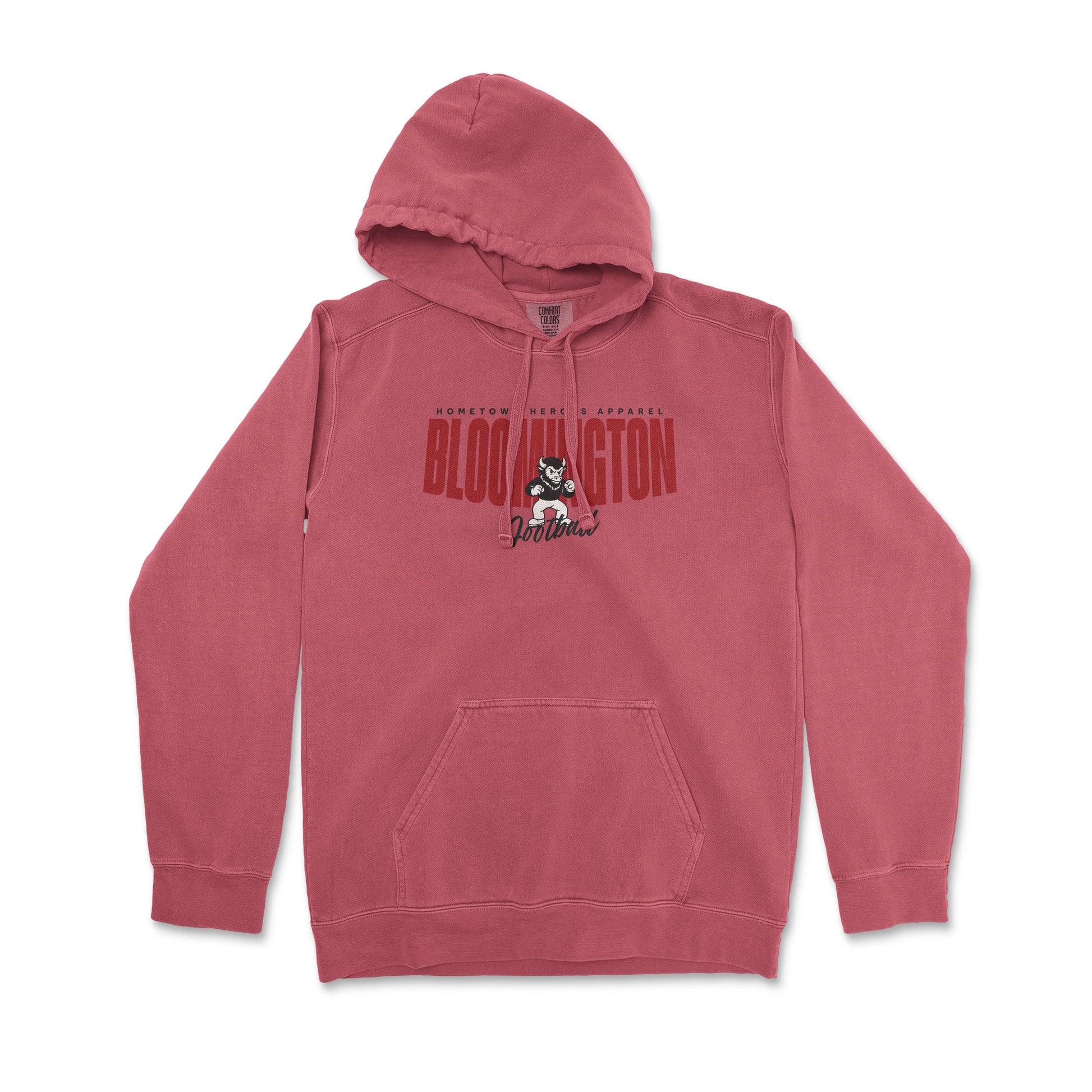 Red hoodie with graphic design on a white background