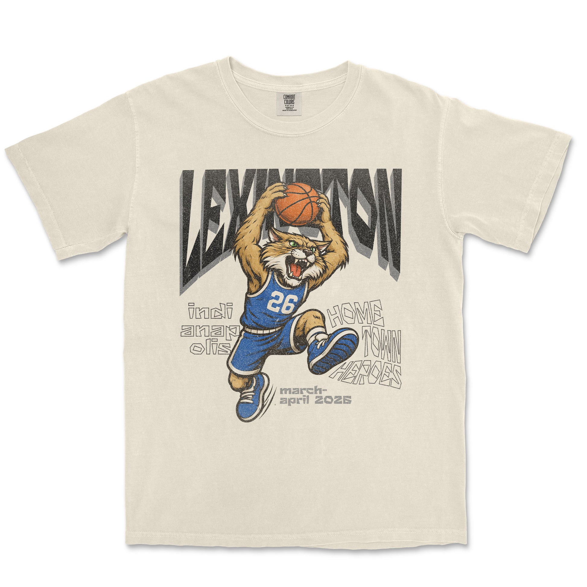 Beige t-shirt with a graphic of a lion holding a basketball and text on a white background
