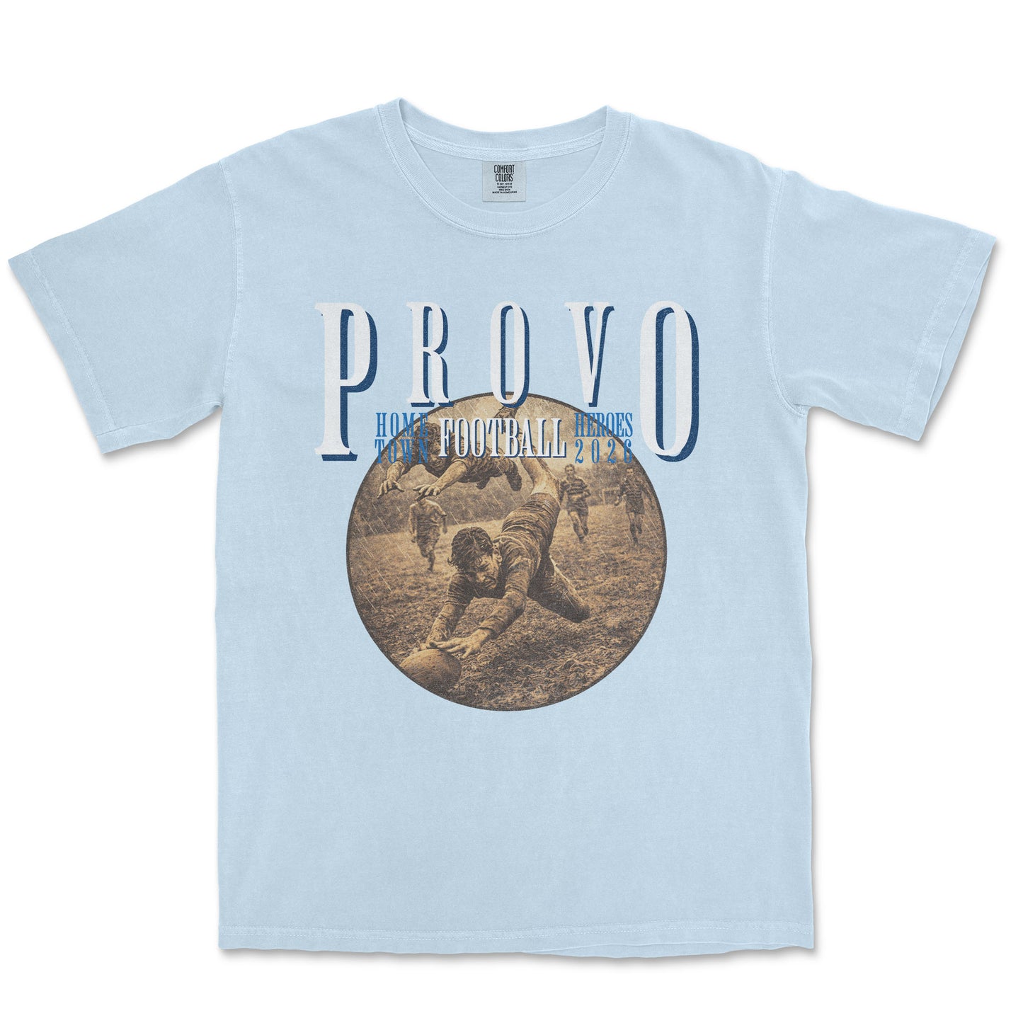 Light blue t-shirt with 'Provo' and vintage graphic on a white background