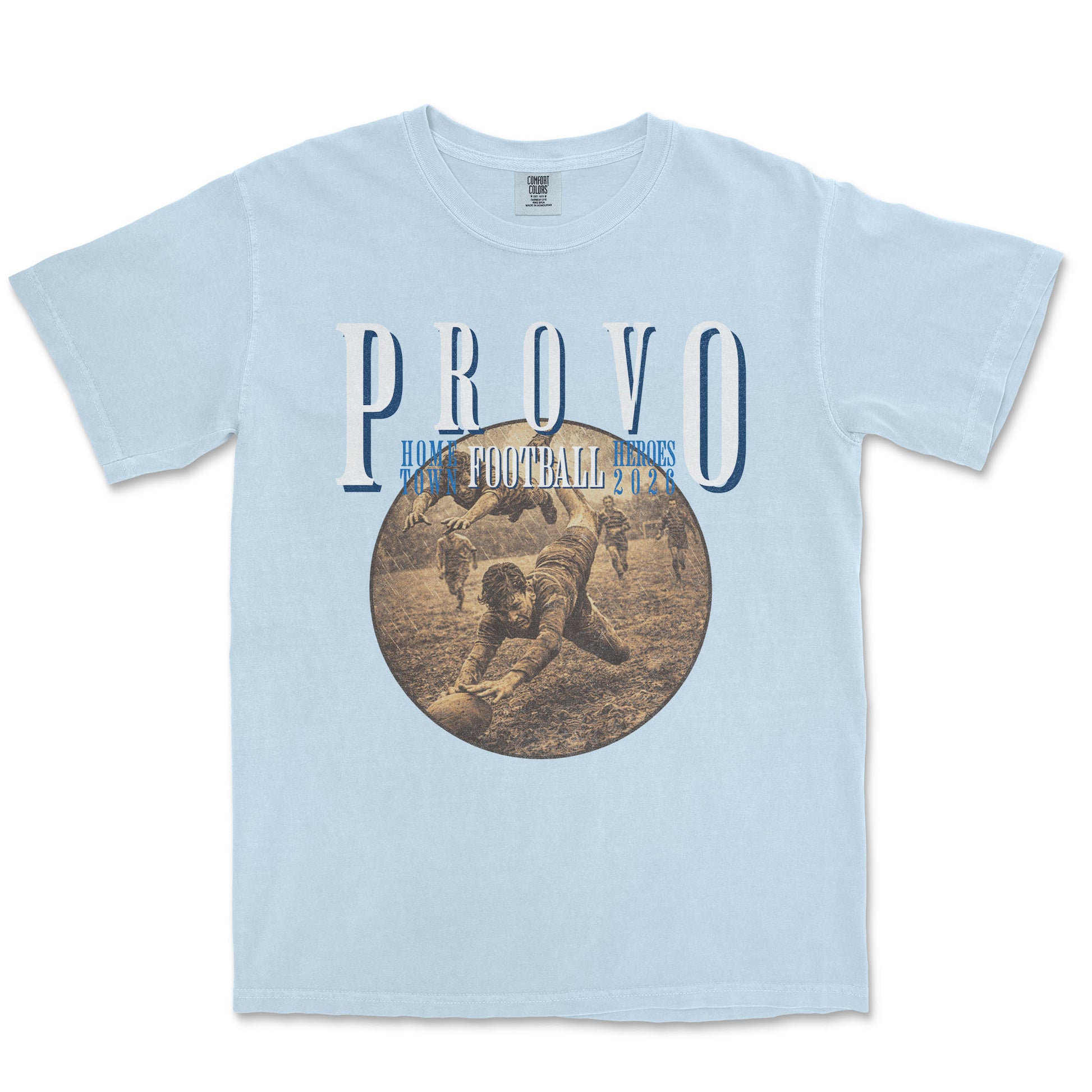 Light blue t-shirt with 'Provo' and vintage graphic on a white background