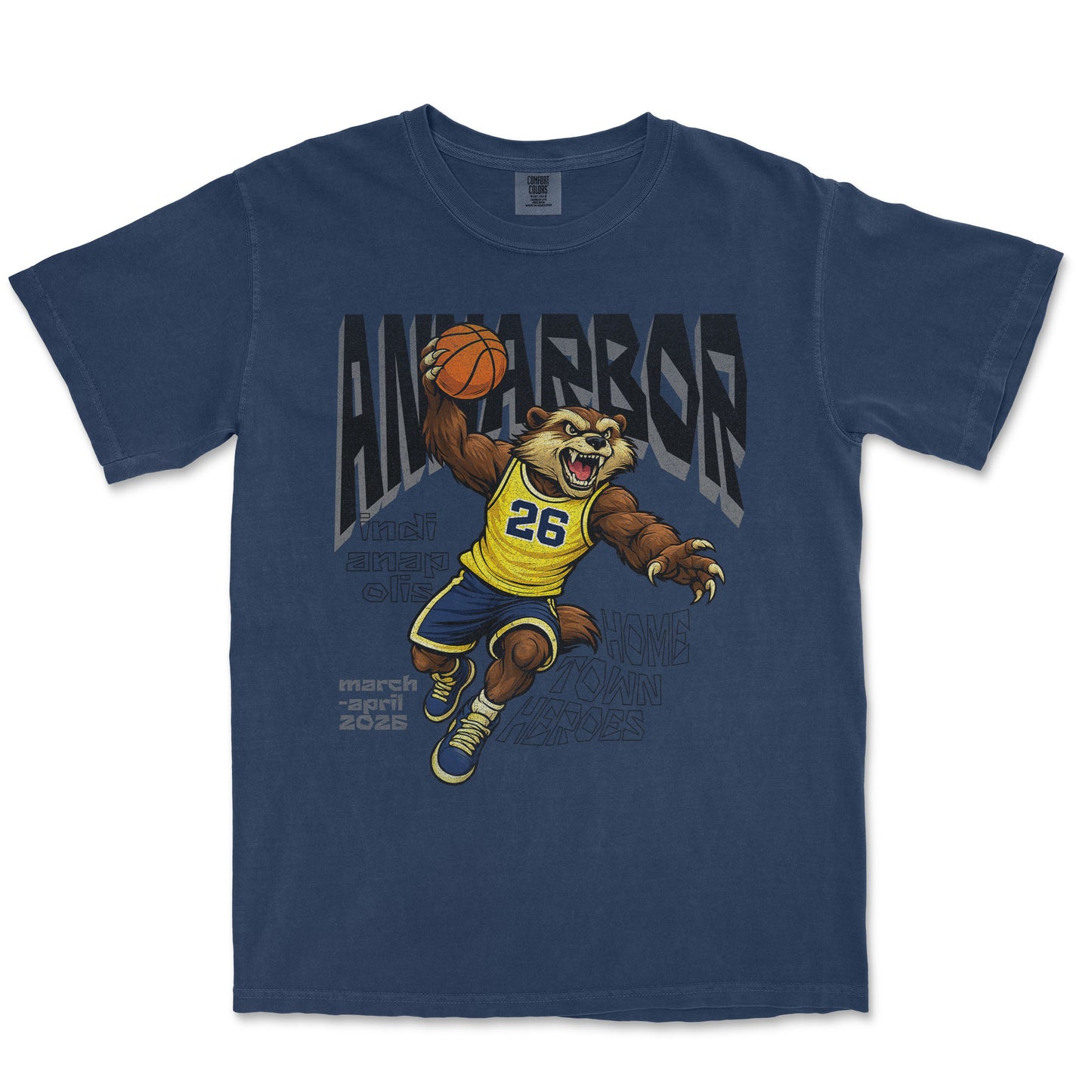 Navy blue t-shirt with a bear holding a basketball and text on a white background