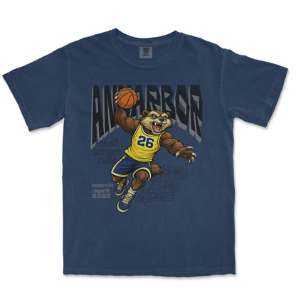 Navy blue t-shirt with a bear holding a basketball and text on a white background
