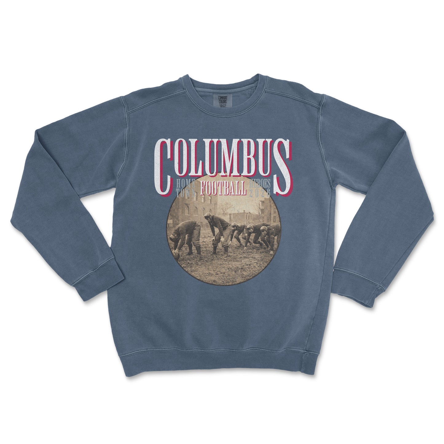 Blue sweatshirt with 'Columbus Football' graphic on a white background