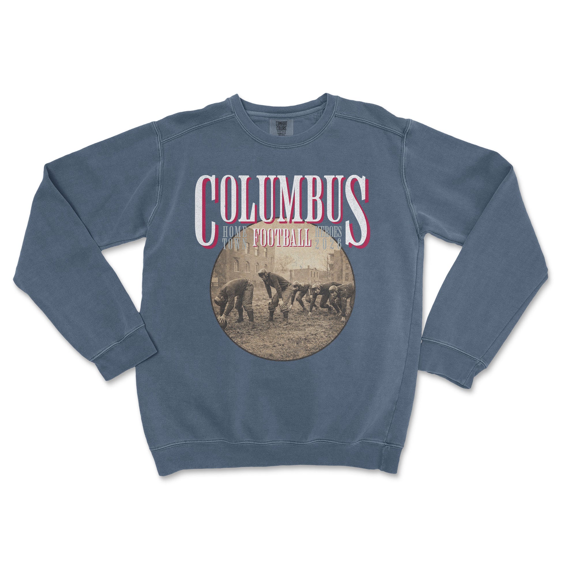 Blue sweatshirt with 'Columbus Football' graphic on a white background