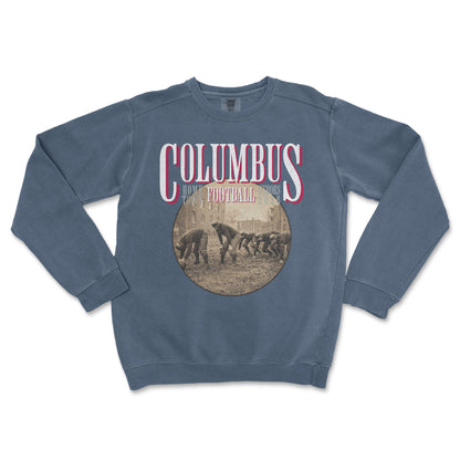 Blue sweatshirt with 'Columbus Football' graphic on a white background