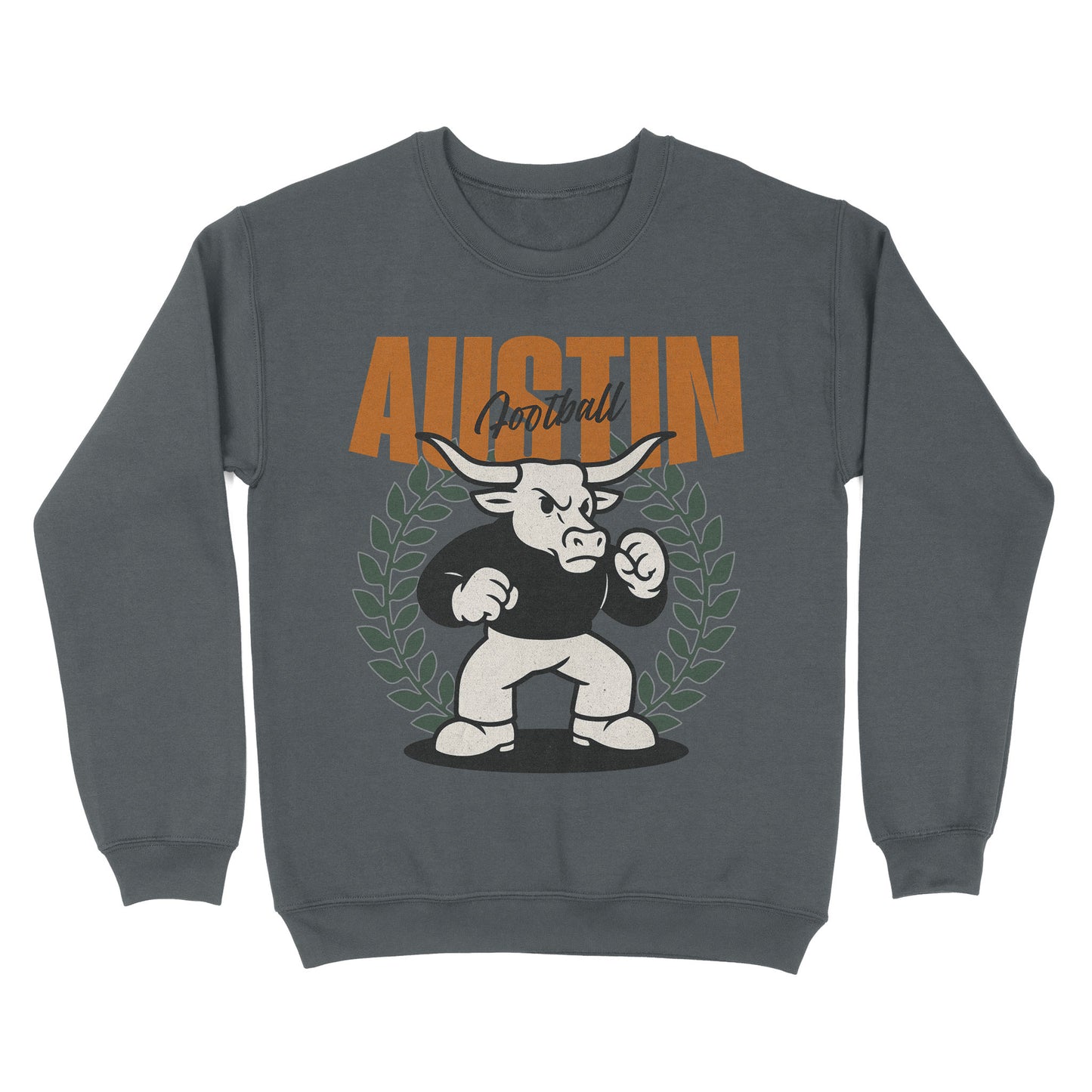 Gray sweatshirt with a bull graphic and 'Austin Football' text on a white background