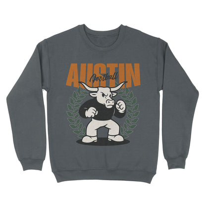 Gray sweatshirt with a bull graphic and 'Austin Football' text on a white background