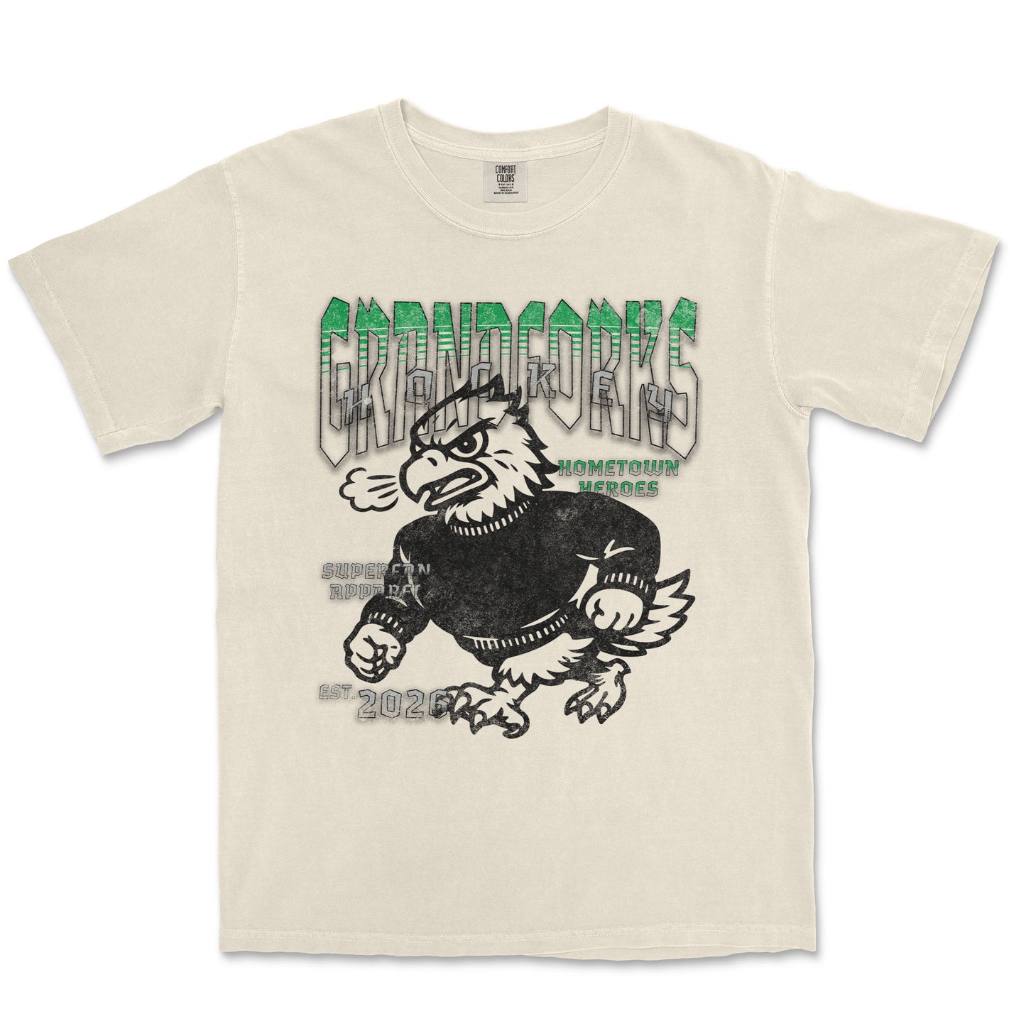 Beige t-shirt with graphic design of a bird-like creature and text on a white background