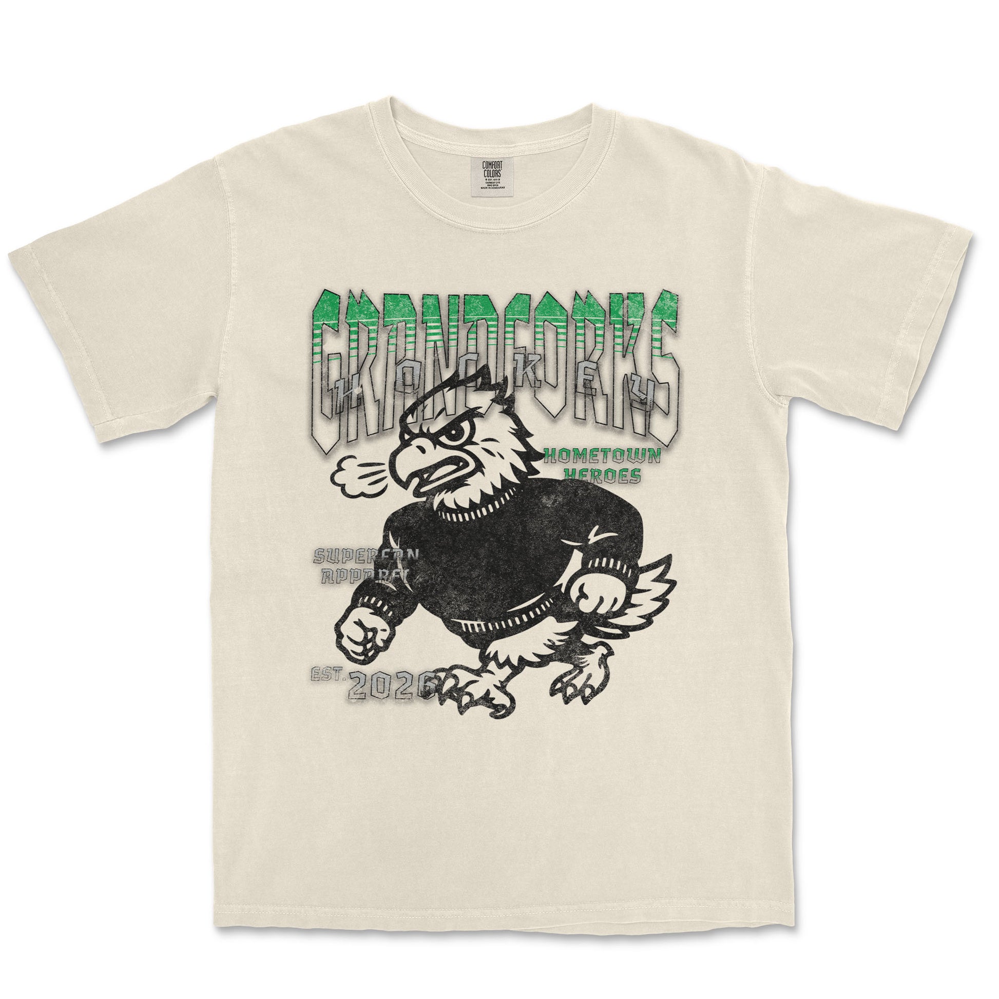 Beige t-shirt with graphic design of a bird-like creature and text on a white background