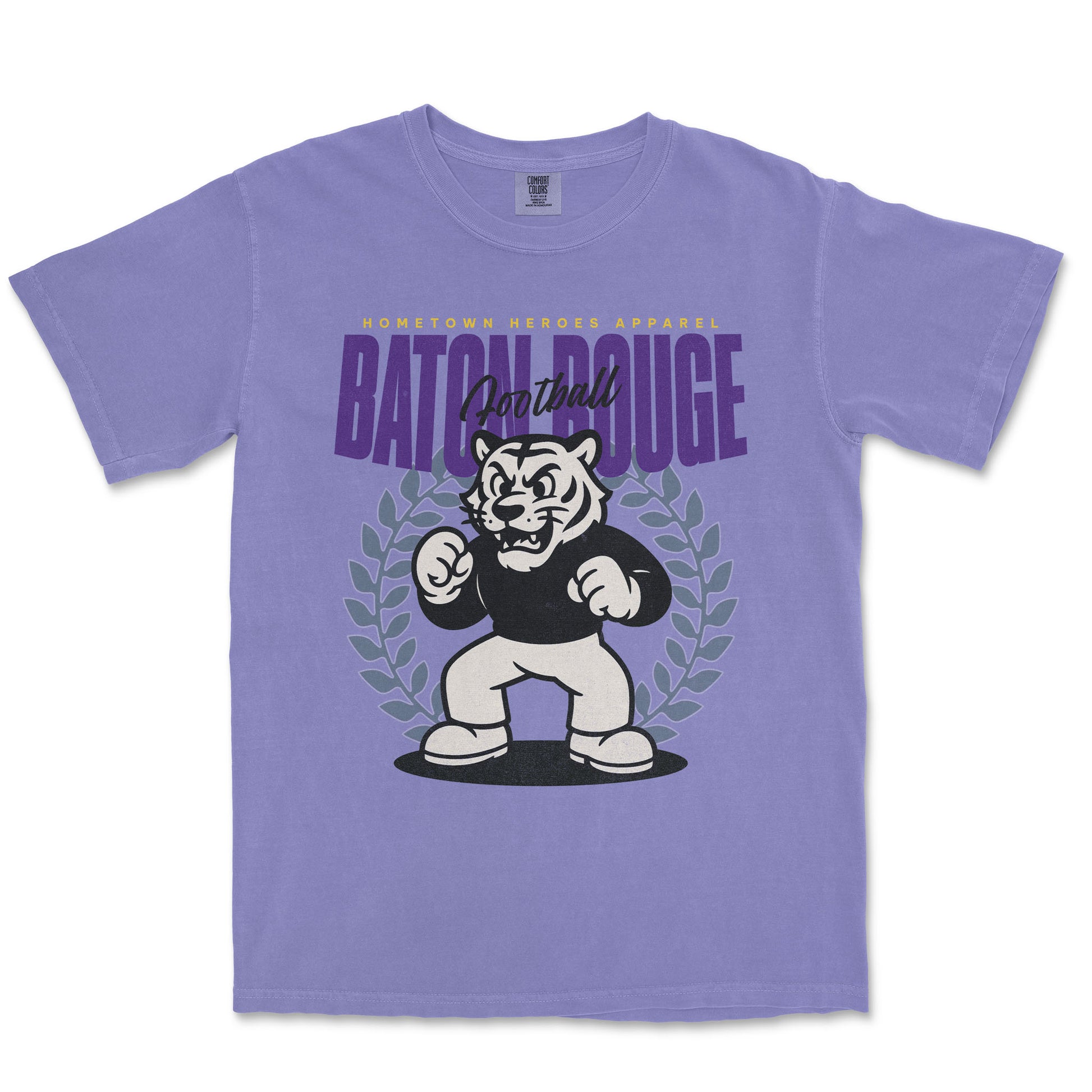 Purple t-shirt with a graphic of a tiger and text on a white background
