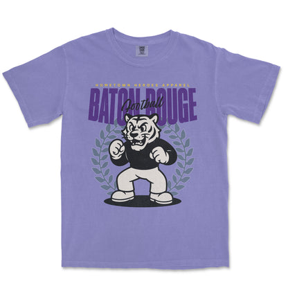 Purple t-shirt with a graphic of a tiger and text on a white background