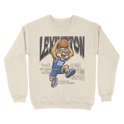Beige sweatshirt with a cartoon lion holding a basketball and text on a white background