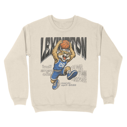 Beige sweatshirt with a cartoon lion holding a basketball and text on a white background