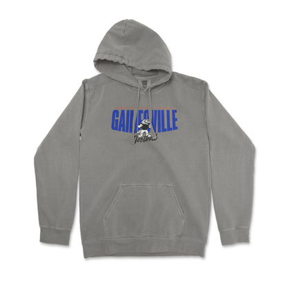 Gray hoodie with 'Gainesville' text and logo on a white background