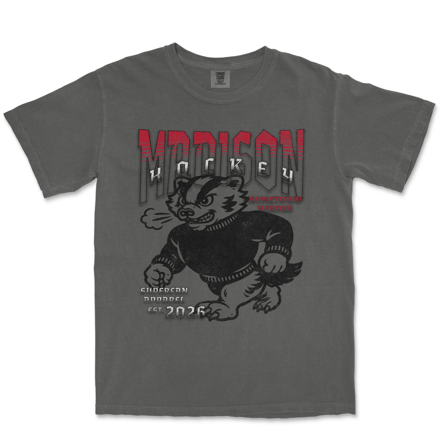 Gray t-shirt with a graphic of a bear in a sweater and text on a white background