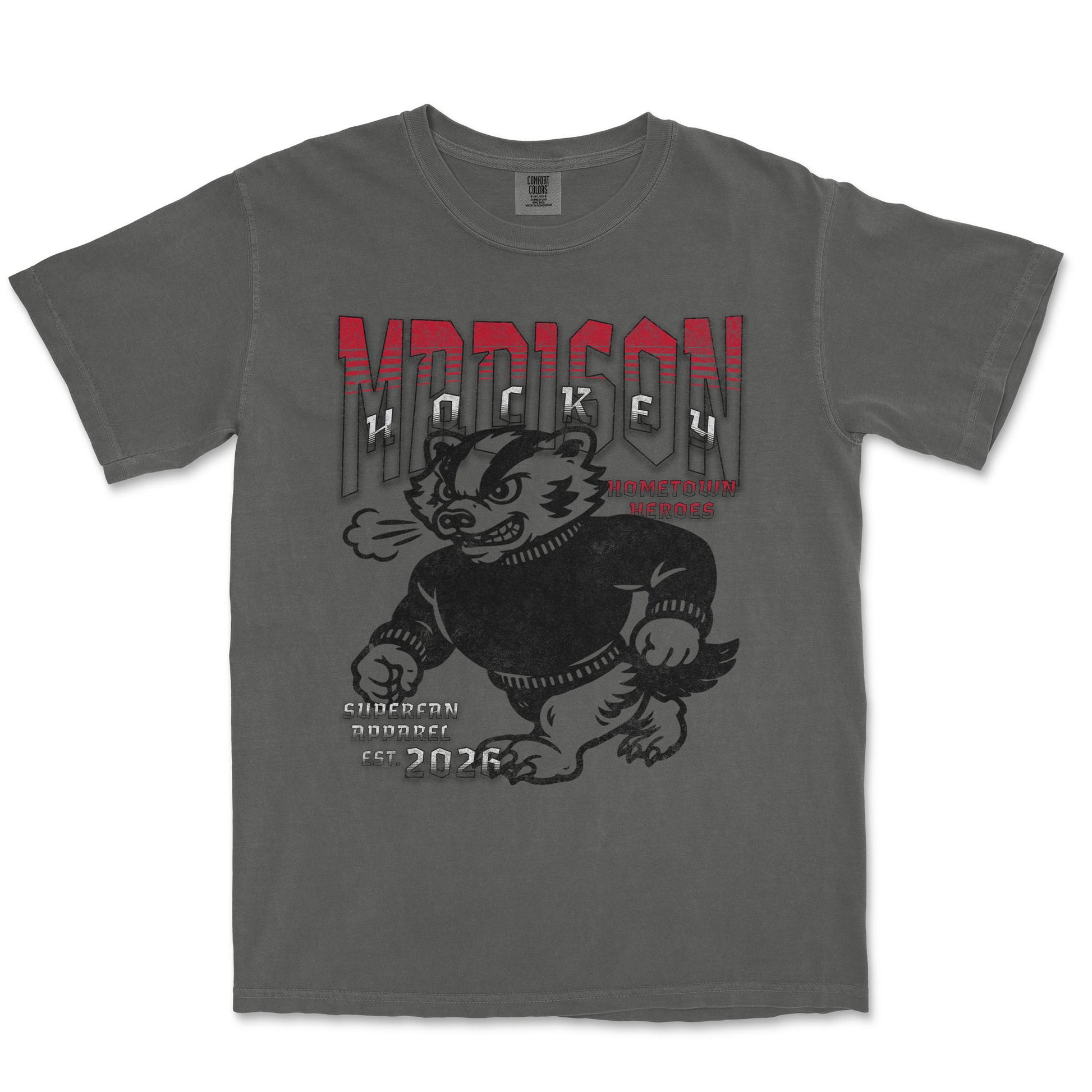 Gray t-shirt with a graphic of a bear in a sweater and text on a white background