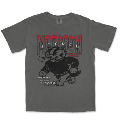 Gray t-shirt with a graphic of a bear in a sweater and text on a white background
