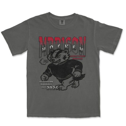 Gray t-shirt with a graphic of a bear in a sweater and text on a white background