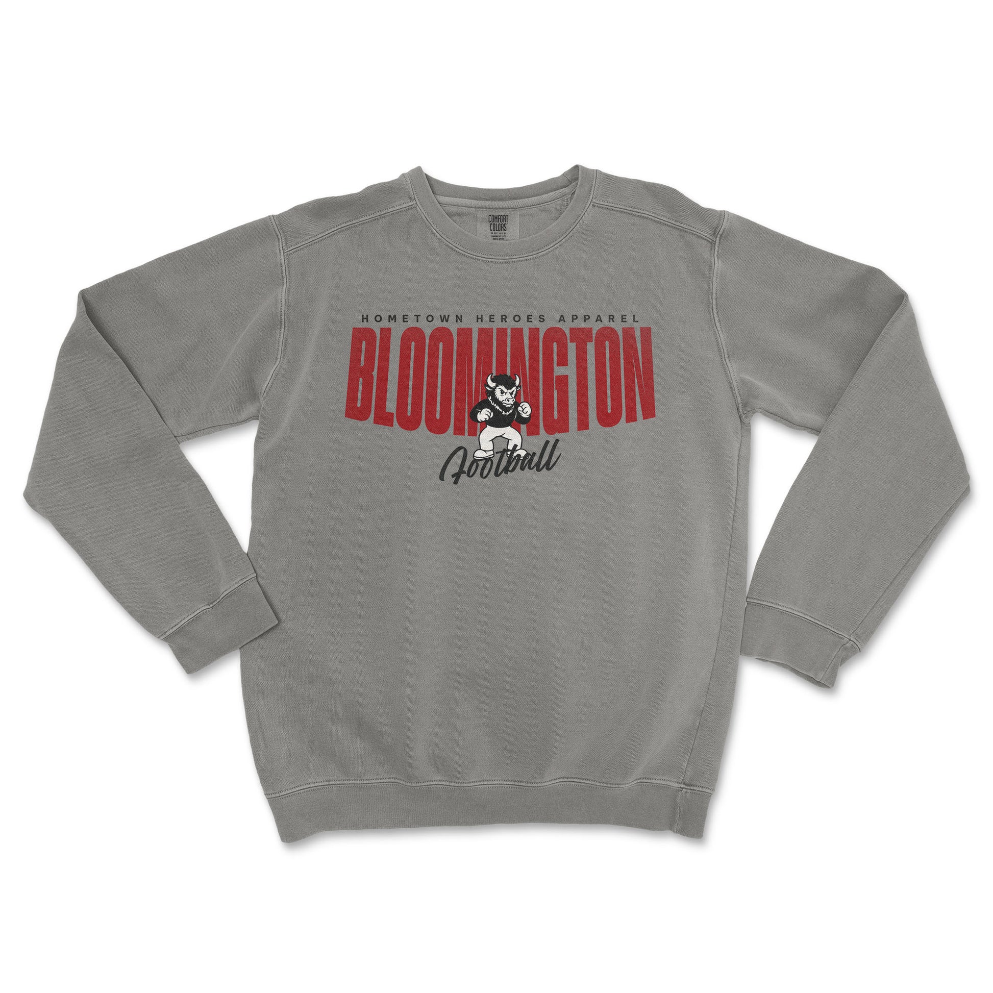 Gray sweatshirt with 'Bloomington Football' text and logo on a white background