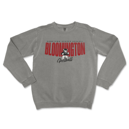 Gray sweatshirt with 'Bloomington Football' text and logo on a white background