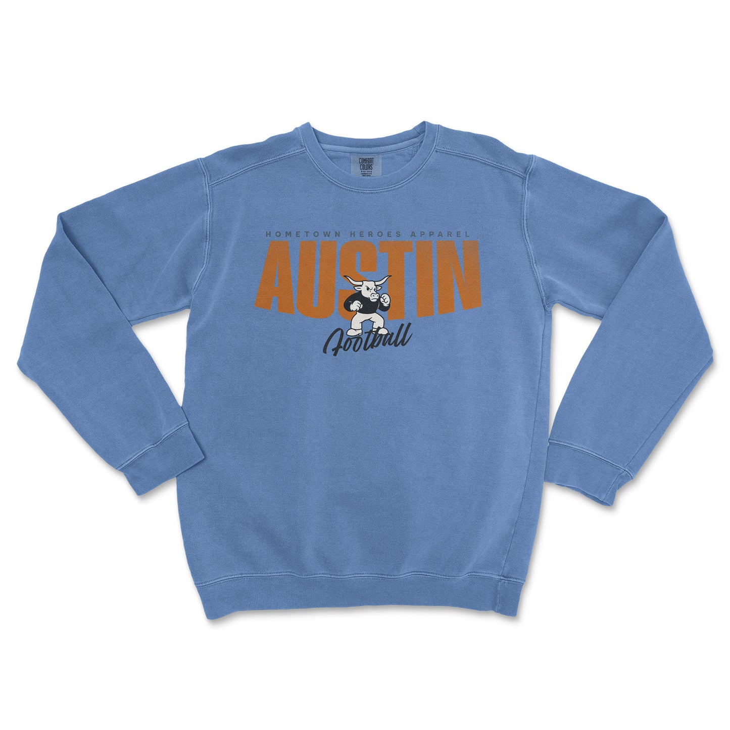 Blue sweatshirt with 'Austin Football' text and graphic on a white background