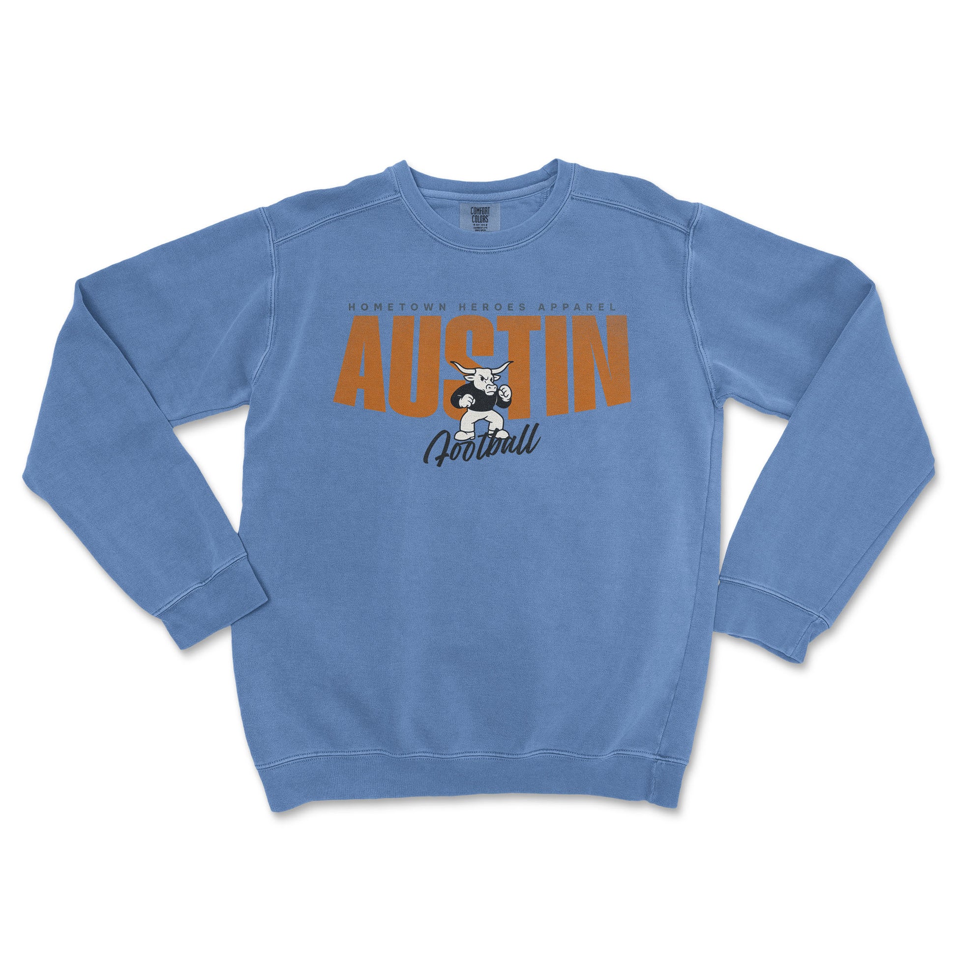 Blue sweatshirt with 'Austin Football' text and graphic on a white background