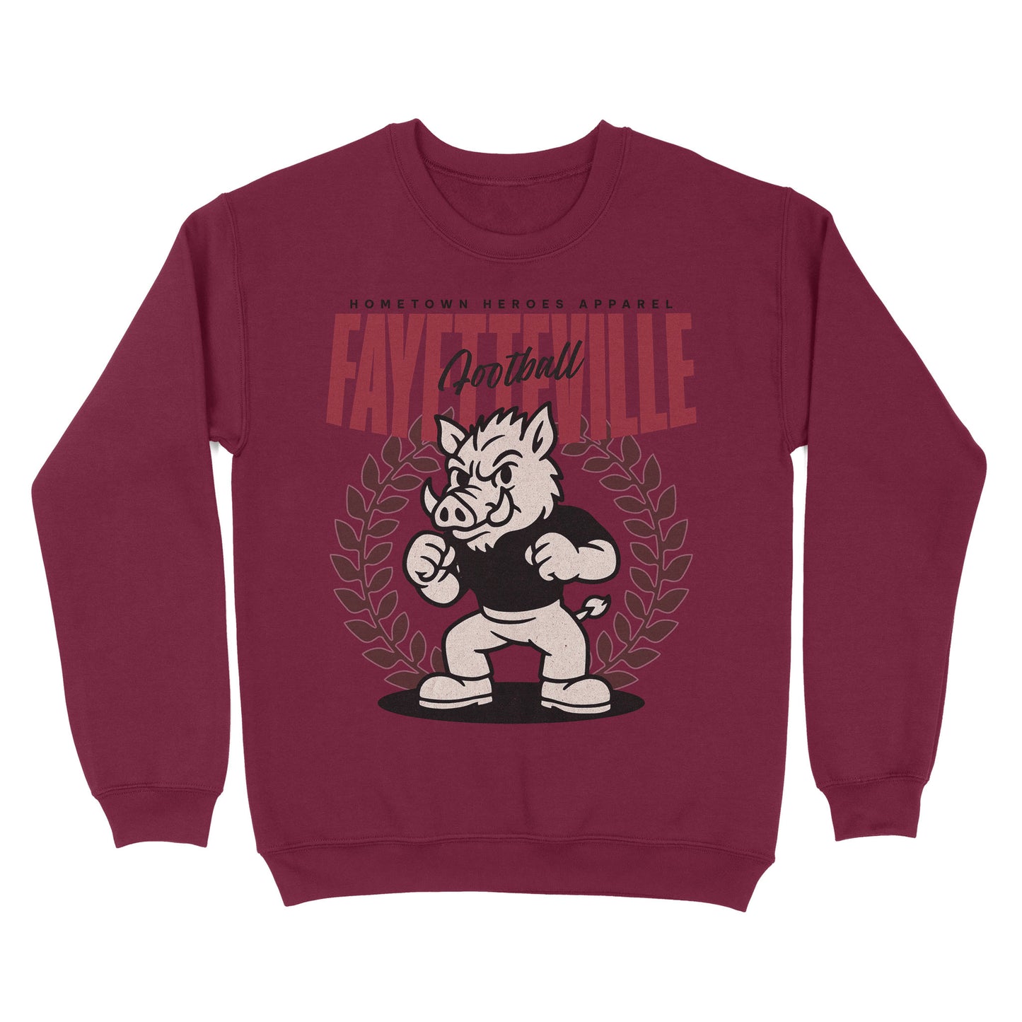 Maroon sweatshirt with a graphic of a boar mascot and text on a white background