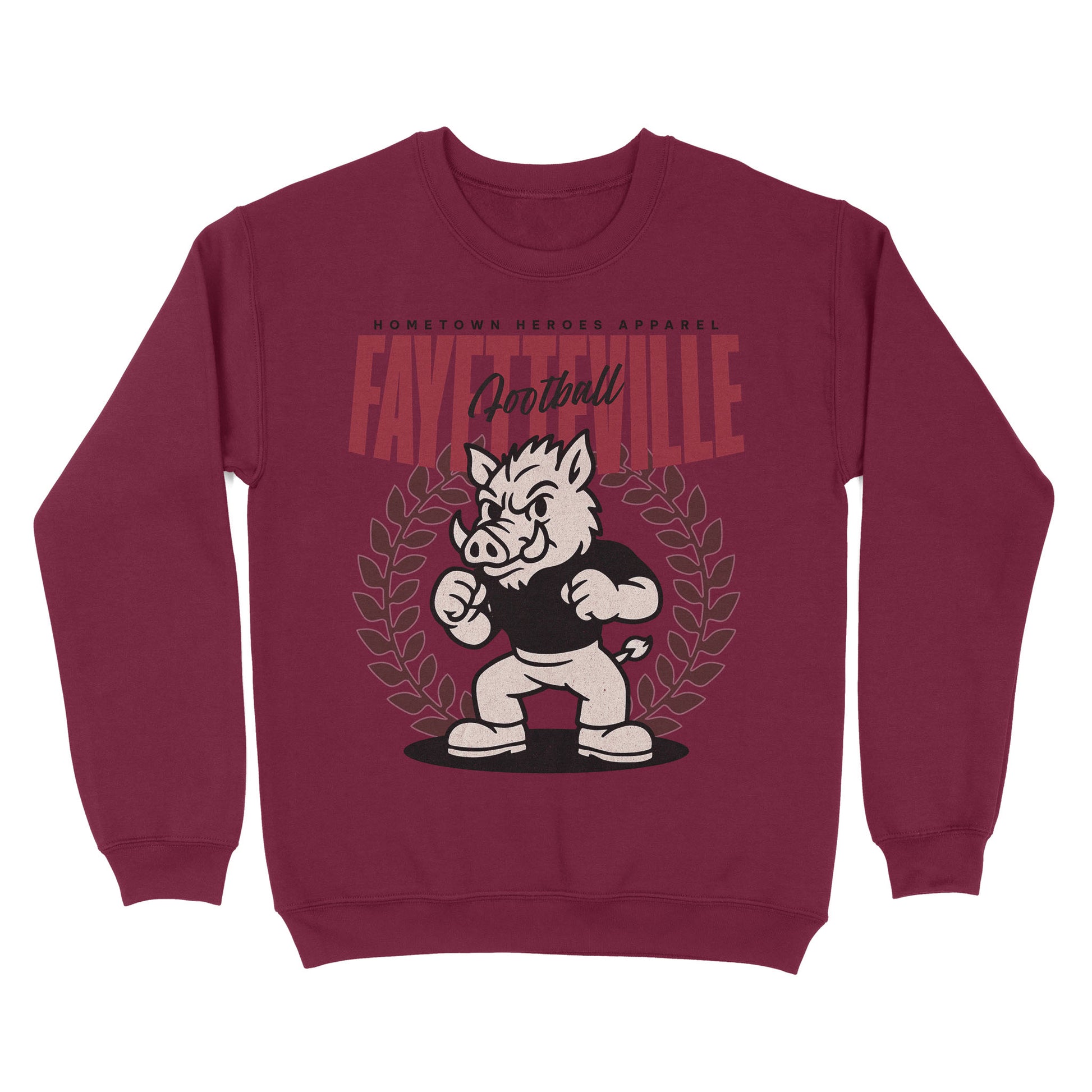 Maroon sweatshirt with a graphic of a boar mascot and text on a white background