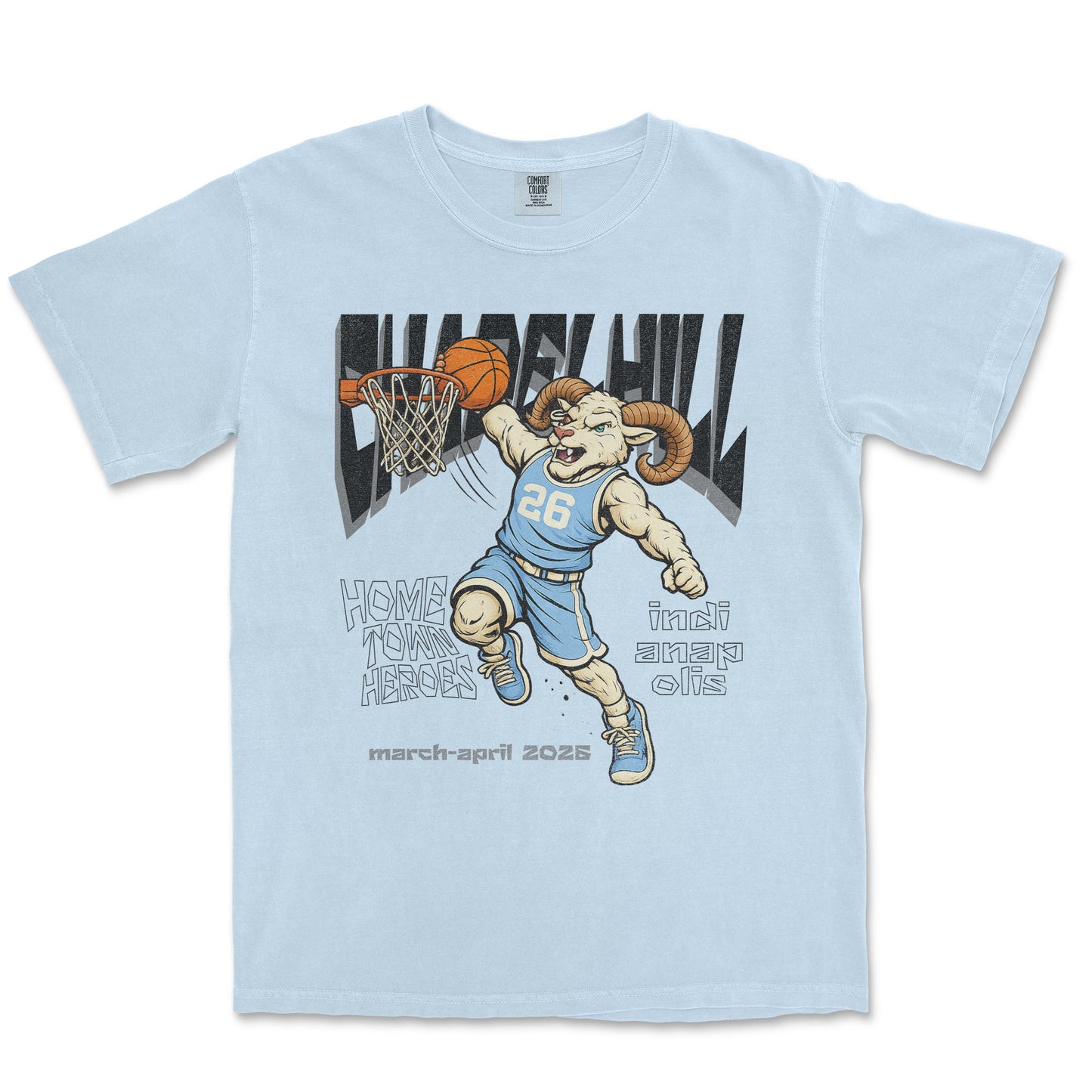Light blue t-shirt with a graphic of a ram playing basketball and text on a white background