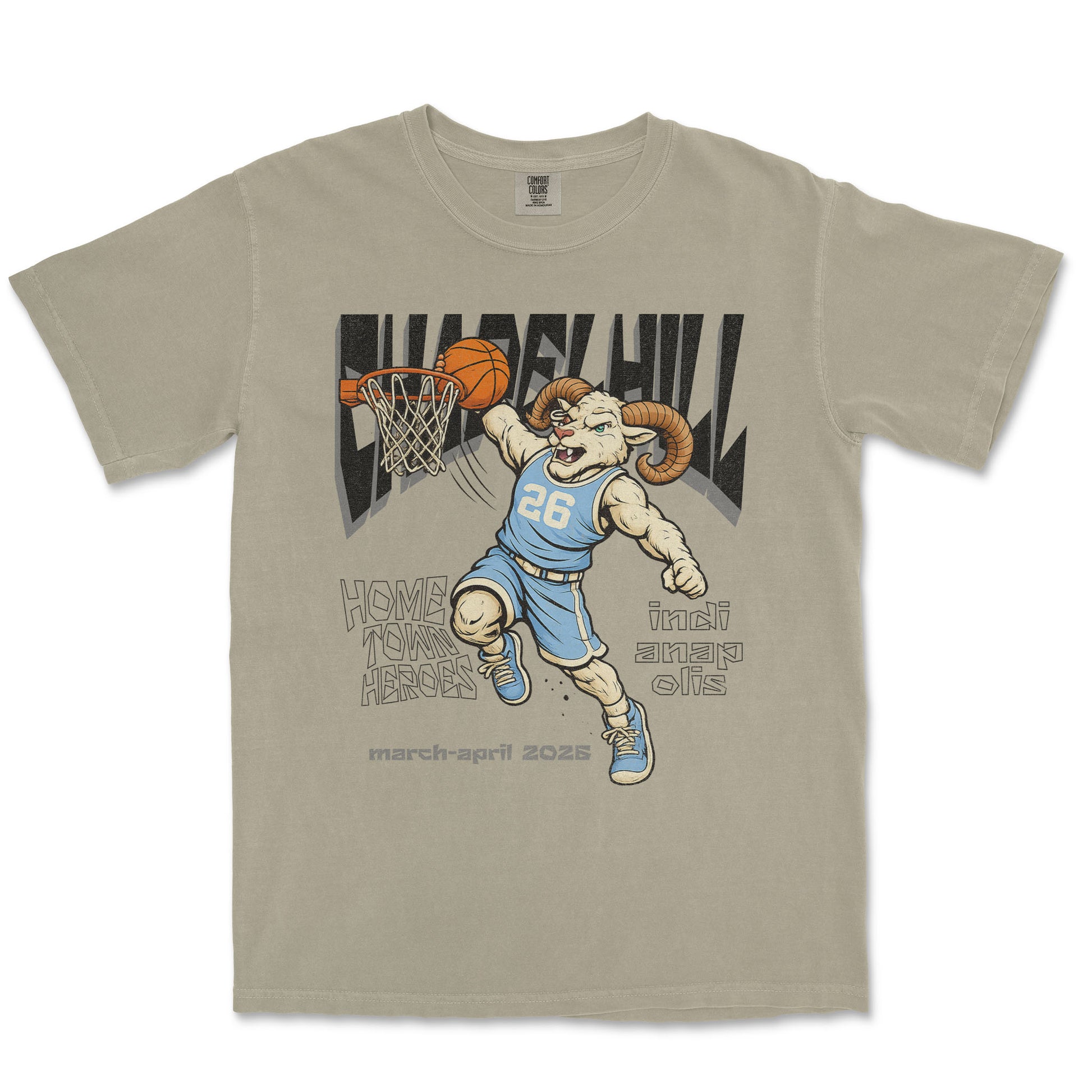 Beige t-shirt with a graphic of a ram playing basketball and text on a white background