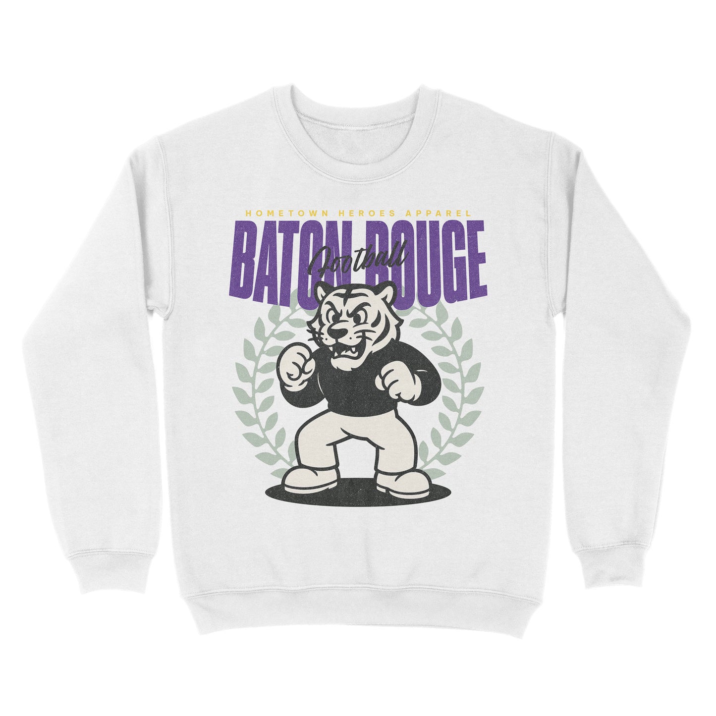 White sweatshirt with a graphic design featuring a tiger and text on a white background