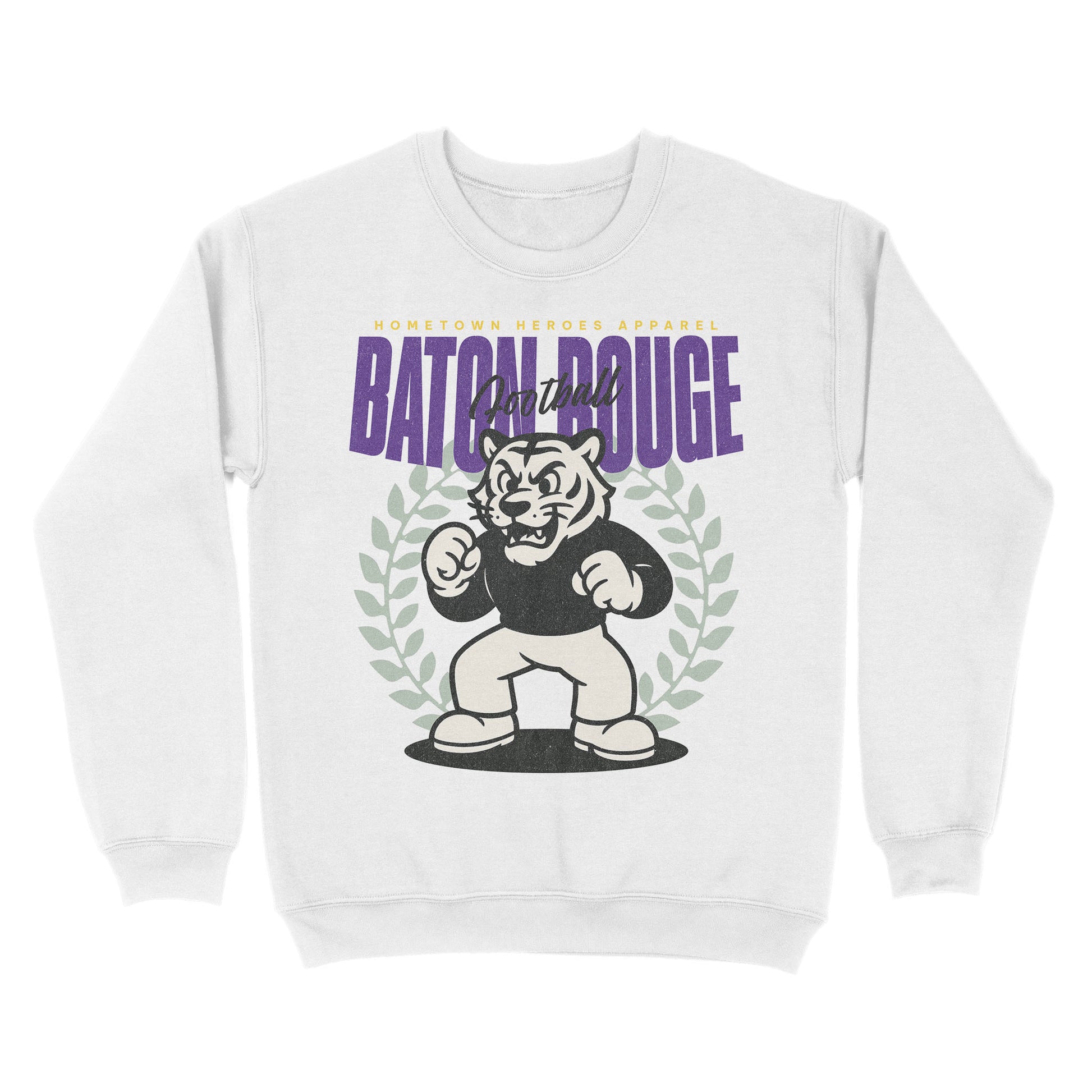 White sweatshirt with a graphic design featuring a tiger and text on a white background