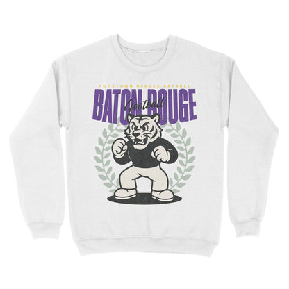 White sweatshirt with a graphic design featuring a tiger and text on a white background